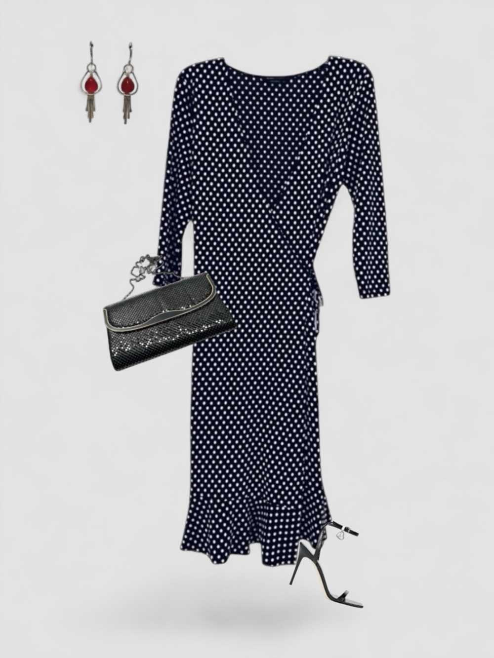 🖤 BCBGMAXAZRIA Polka Dot Wrap Dress | Effortless Parisian Chic Midi w/Ruffle Hem